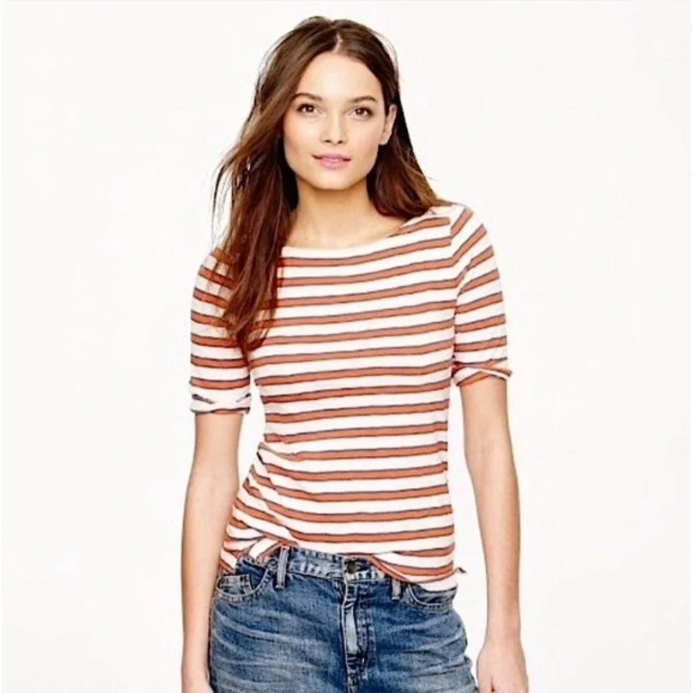 J.Crew Womens Striped Boatneck Elbow Sleeve Painter T-Shirt Red White Blue Small